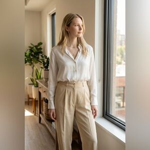 INC International Concepts Cream Blouse with Tan Trousers 100% Silk